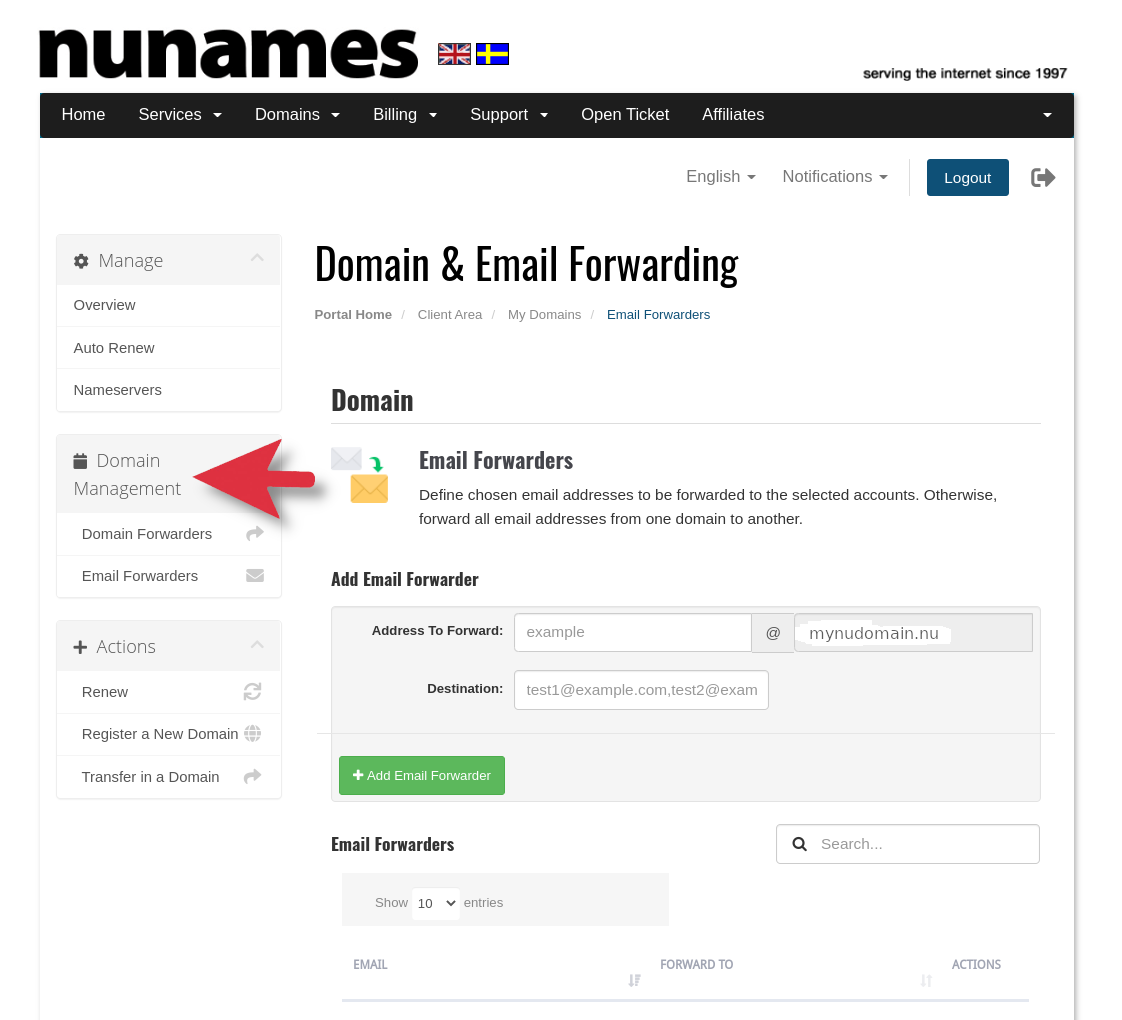 Domain and Email Forwarding Area